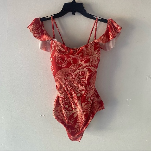 New Leonisa Orange Floral Off-Shoulder Ruffle One Piece Swimsuit 37747 - Picture 2 of 12